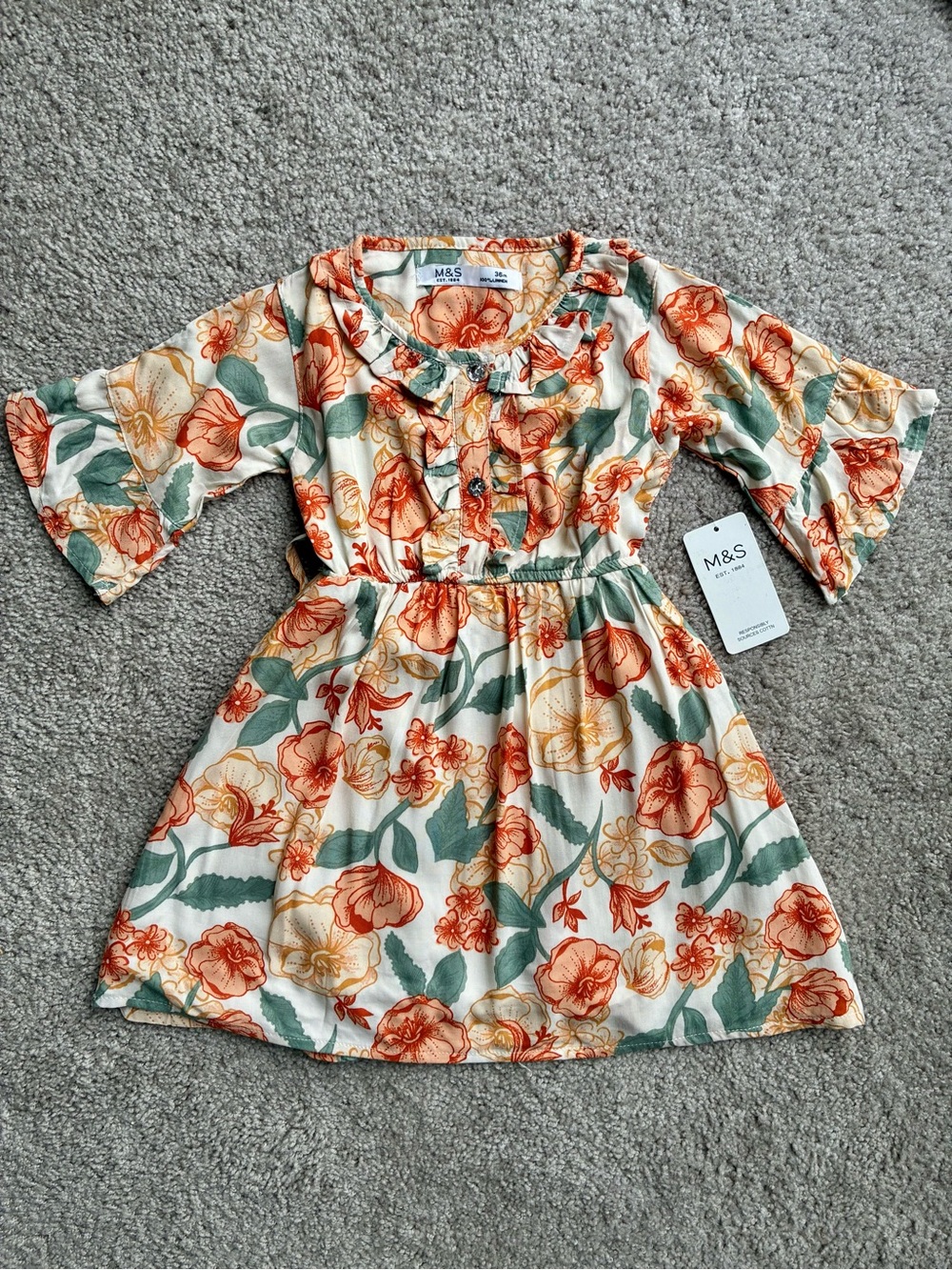 100% Linen M&S Girls' Floral Orange & Green Dress